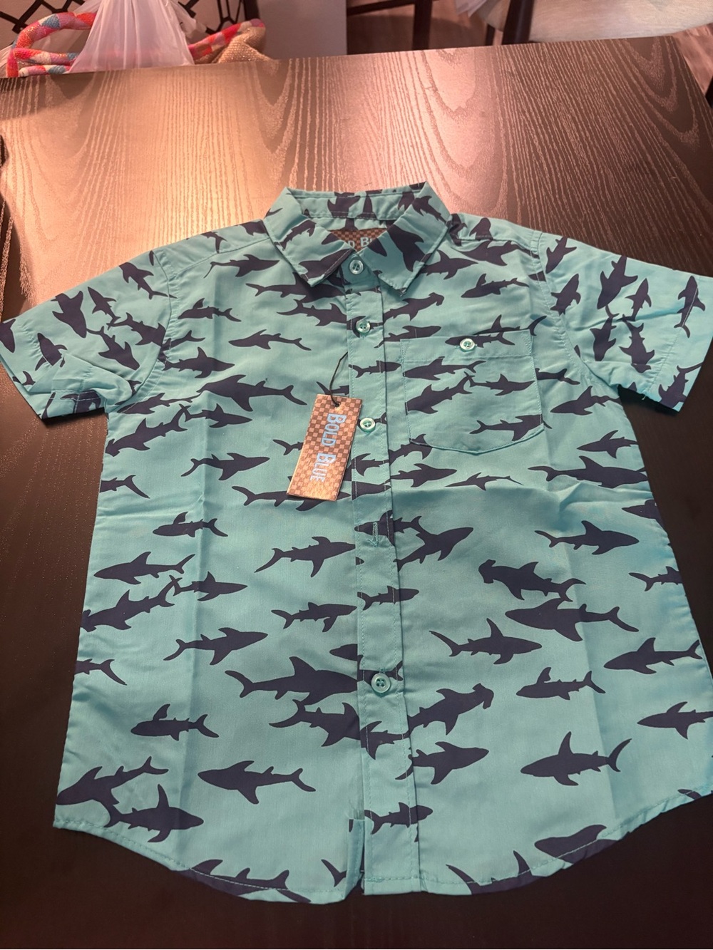 Short-Sleeve Shark Print Button-Up Shirt for Kids - Teal